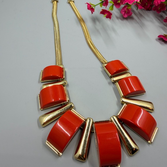Vintage Acrylic Geometric Design Gold and Red Statement Necklace - Picture 2 of 5